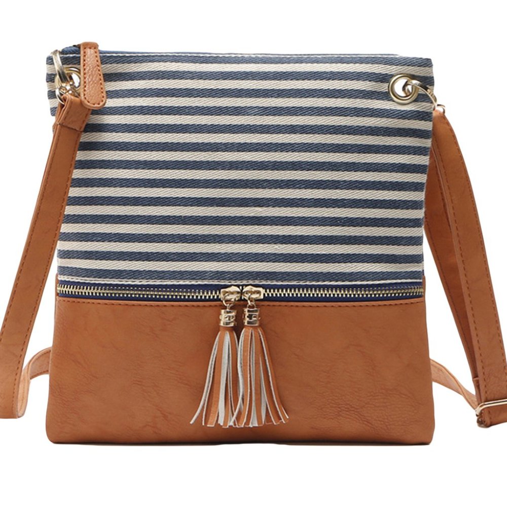 TRENDY BLUE WHITE STRIPED CROSSBODY BAG